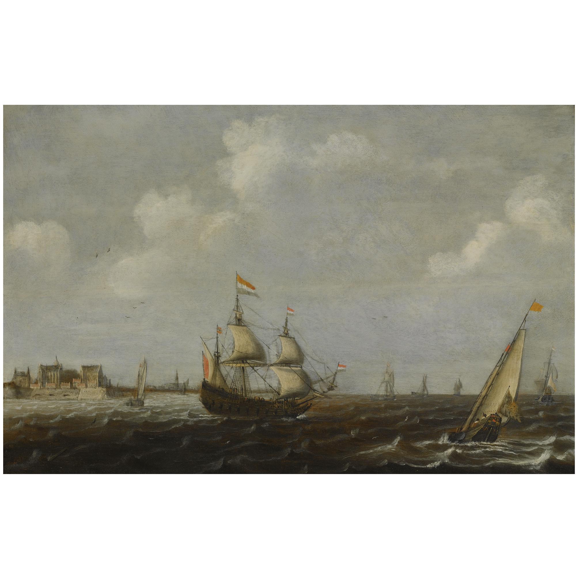 Claes Claesz. Wou - A Dutch Threemaster And Other Shipping In Choppy Waters, A View Of Fort Rammekens Off The Coast Of Vlissingen In The Background