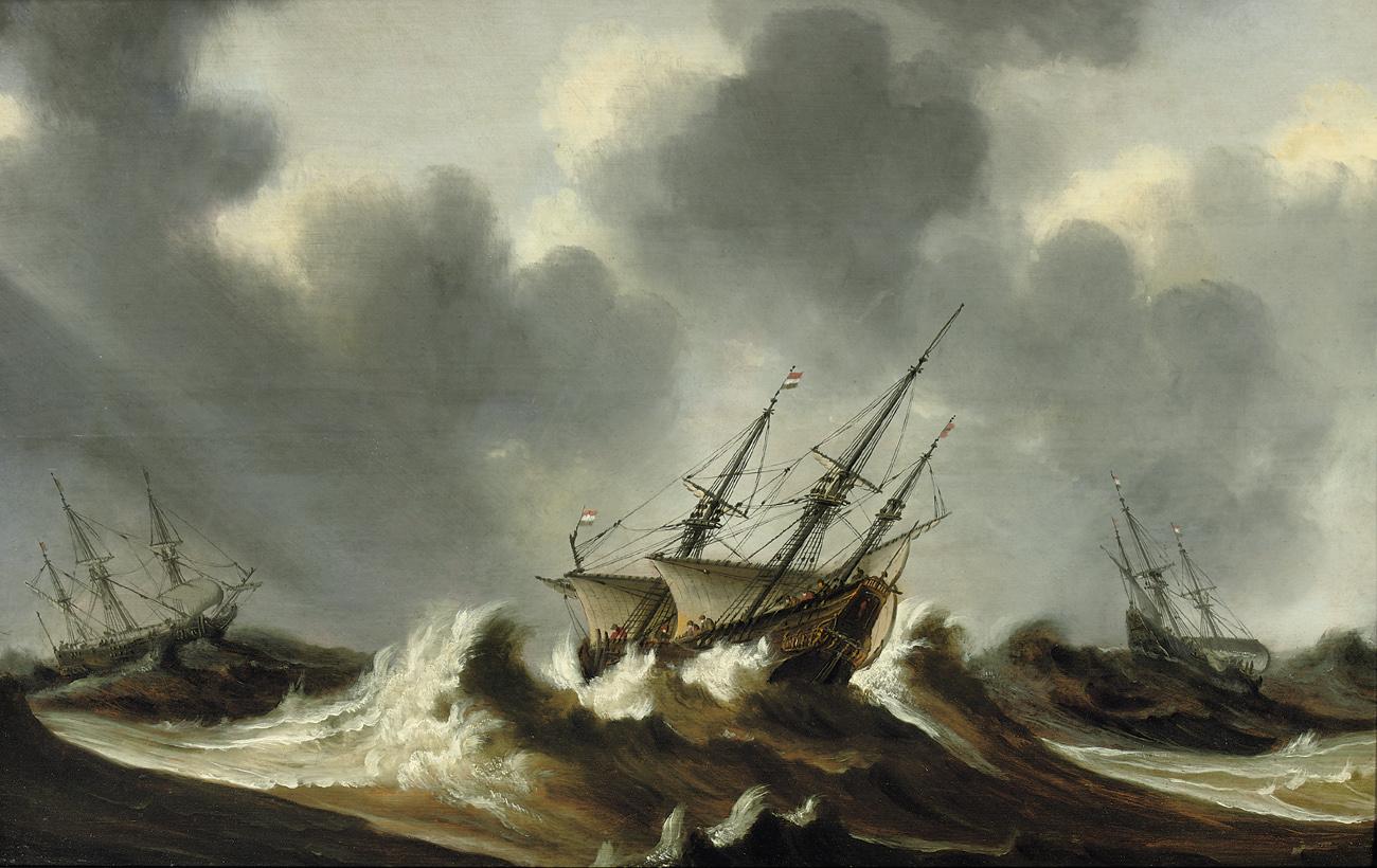 Claes Claesz. Wou - Dutch three-masters in stormy waters