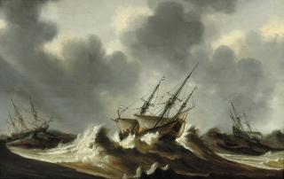 Claes Claesz. Wou - Dutch three-masters in stormy waters