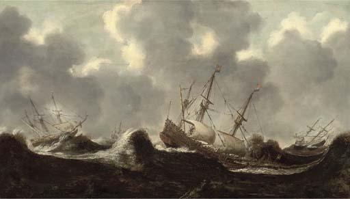 Claes Claesz Wou - The Dutch Fleet At Sea In Treacherous Conditions
