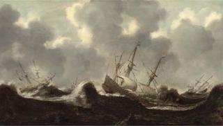 Claes Claesz Wou - The Dutch Fleet At Sea In Treacherous Conditions