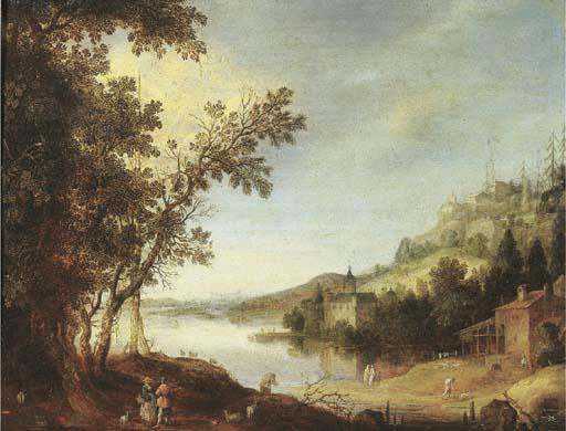 Claes Dircksz. Van Der Heck - An extensive river landscape with travellers by a road, a castle beyond
