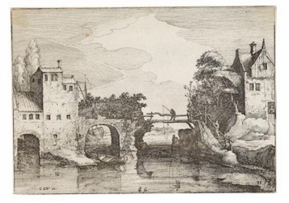 Claes Jansz. Visscher - 2 Bll.: Schiffe nahe der Küste. Landschaft mit einer Stein- und einer Holzbrücke