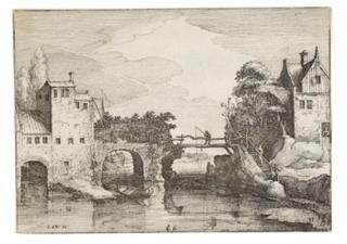Claes Jansz. Visscher - 2 Bll.: Schiffe nahe der Küste. Landschaft mit einer Stein- und einer Holzbrücke