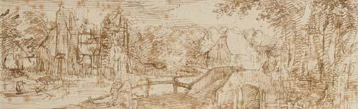 Claes Jansz. Visscher - A village seen across a canal, peasants approaching a bridge over a tributary in the foreground
