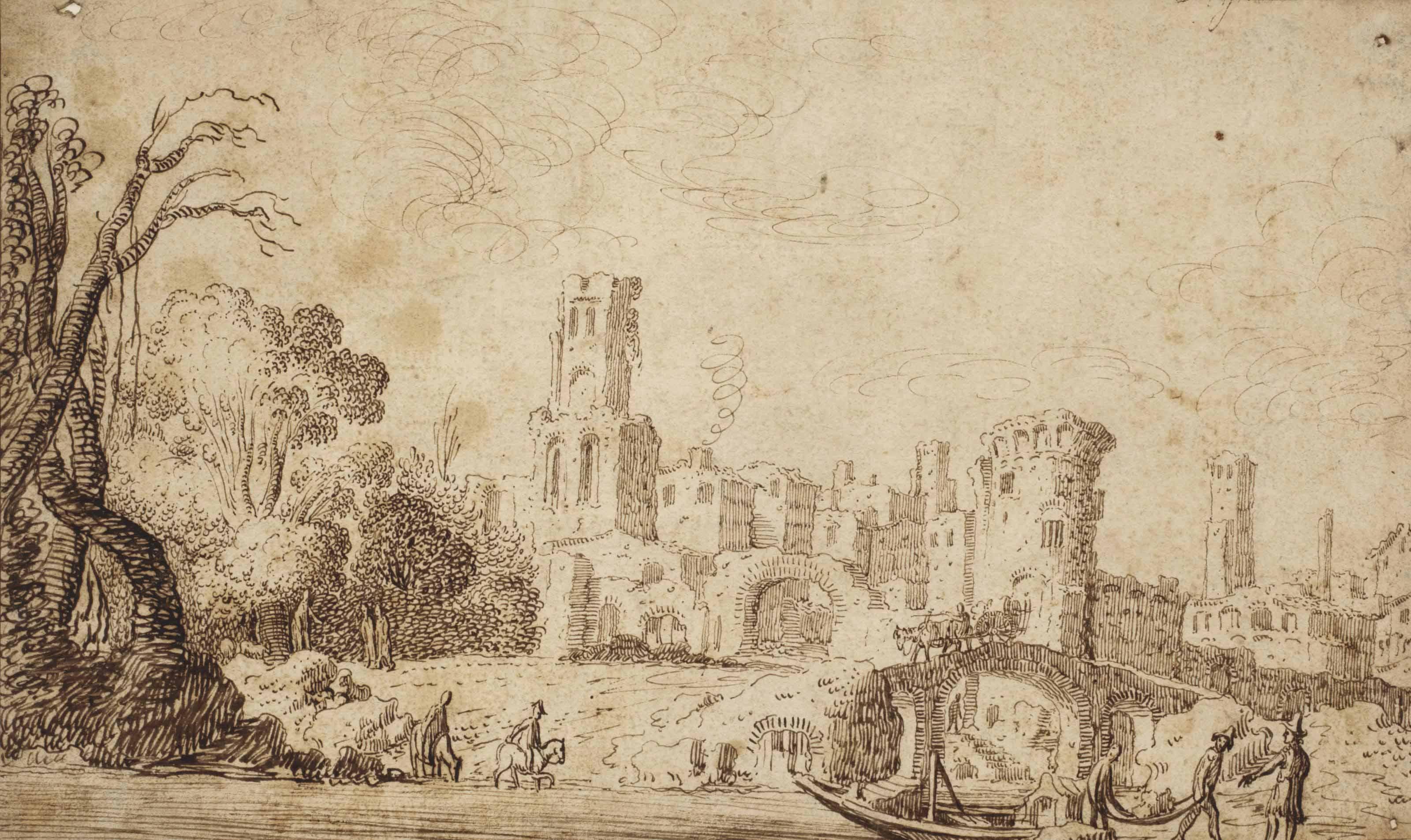 Claes Moeyaert - Figures in a river landscape with ruins