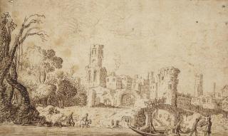Claes Moeyaert - Figures in a river landscape with ruins