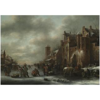 Claes Molenaer - A Winter Landscape With Numerous Figures On A Frozen River Outside The Town Walls