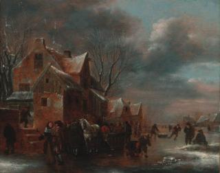 Claes Molenaer - Travellers and villagers on a frozen river by a cottage
