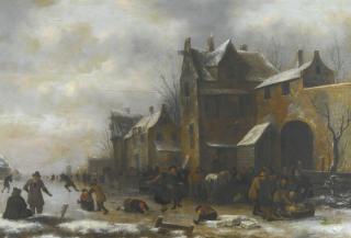 Claes Molenaer - Winter Landscape With Skaters, Travellers And Their Horses Outside A Village, Figures Packing Bundles Onto A Sledge By An Archway On The Left