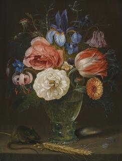 Clara Peeters - A Still Life Of Flowers In A Roemer With A Field Mouse And An Ear Of Wheat