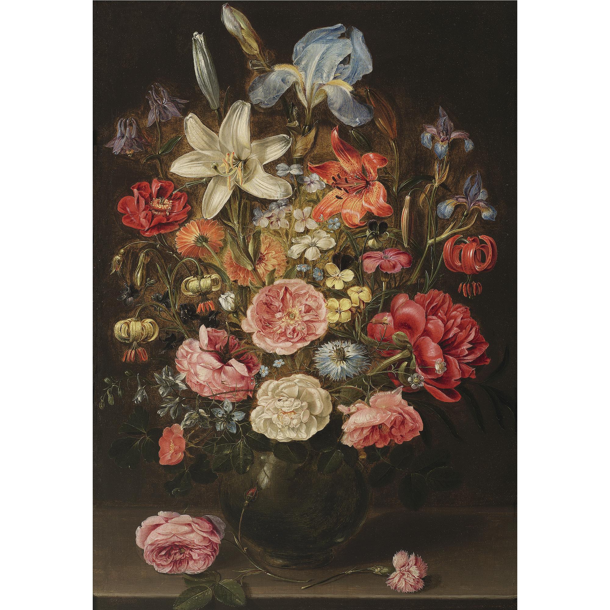 Clara Peeters - A Still Life Of Lilies, Roses, Iris, Pansies, Columbine, Love-In-A-Mist, Larkspur And Other Flowers In A Glass Vase On A Table Top, Flanked By A Rose And A Carnation