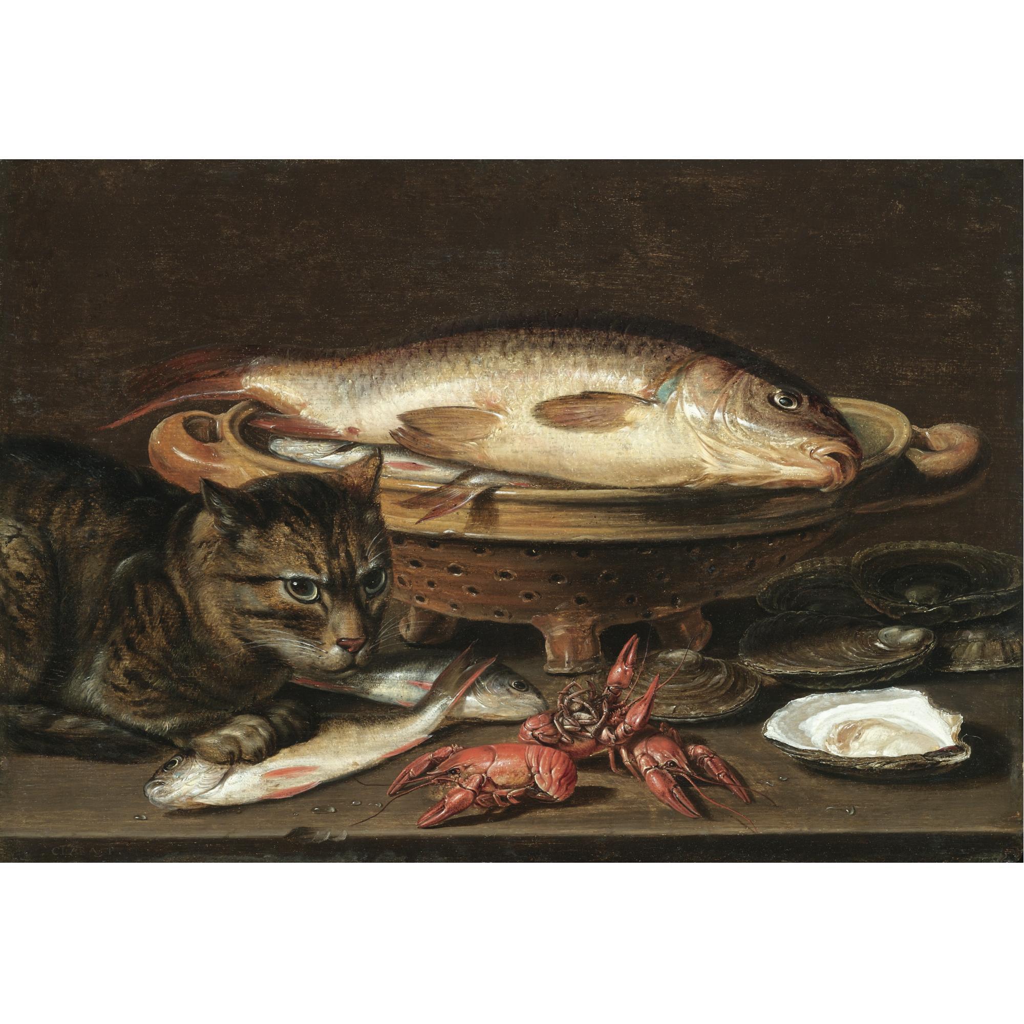 Clara Peeters - A Still Life With Fish In A Ceramic Colander, Oysters, Langoustines, Mackerel And A Cat On The Ledge Beneath 