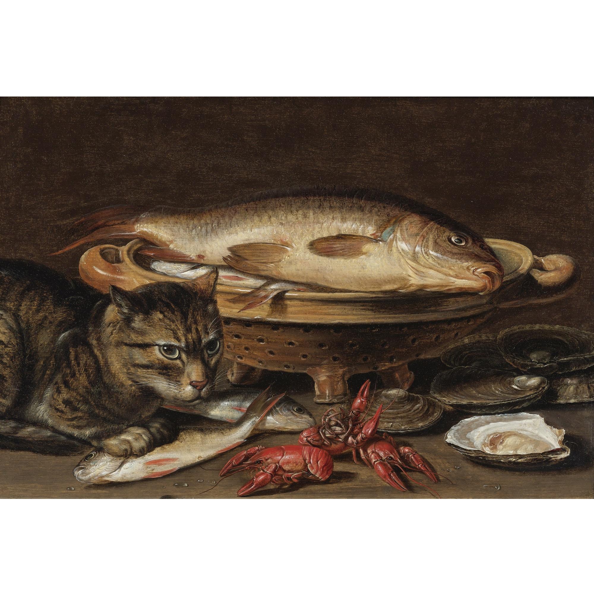 Clara Peeters - A Still Life With Fish In A Ceramic Collander, Oysters, Langoustines, Mackerel And A Cat On The Ledge Beneath