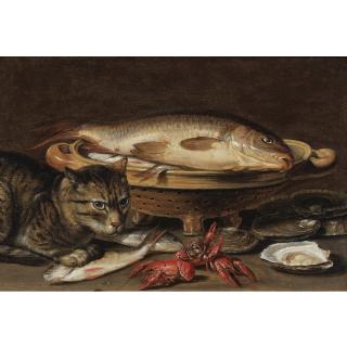 Clara Peeters - A Still Life With Fish In A Ceramic Collander, Oysters, Langoustines, Mackerel And A Cat On The Ledge Beneath