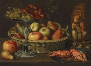 Clara Peeters - A wicker basket with apples and pears, a silver tazza with green and red grapes, a squirrel, langoustines, fruit and acorns on a stone ledge