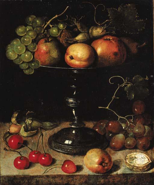 Clara Peeters - Pears, an apple, an apricot, grapes, almonds and wallnuts on a tazza with grapes, a wallnut, an abricot, cherries and almonds on a stone ledge