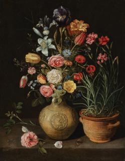 Clara Peeters - Roses, Lilies, An Iris And Other Flowers In An Earthenware Vase, With A Pot Of Carnations And A Butterfly On A Ledge