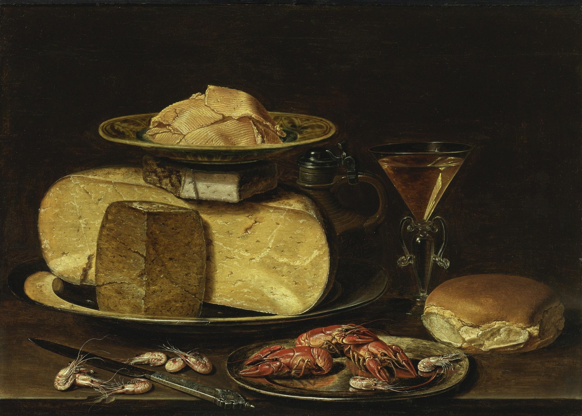 Clara Peeters - Slices Of Butter On A Wanli \'Kraak\' Porcelain Dish, A Stack Of Cheese On A Pewter Plate, With A Jug, A Façon-De-Venise Wineglass, A Bun, Crayfish On A Pewter Plate, A Knife And Shrimp On A Table