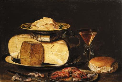 Clara Peeters - Slices of butter on a Wanli \'kraak\' porselein plate, on a cheesestack on a pewter plate, with a jug, a façon-de-Venise wineglass, a bun, crayfish on a pewter plate, a knife and shrimps on a table