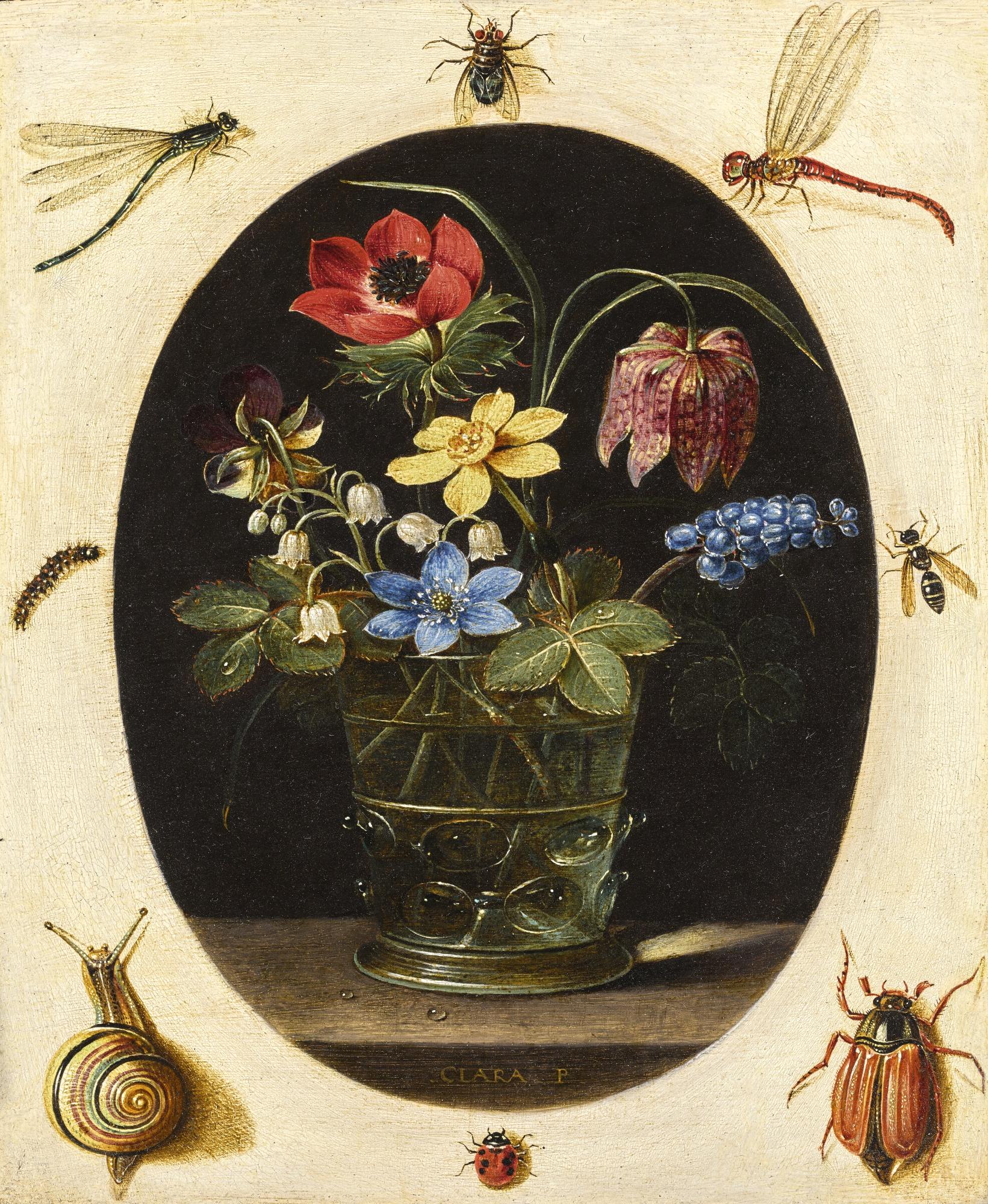Clara Peeters - Still Life With Flowers In A Glass Vase Surrounded By Insects And A Snail