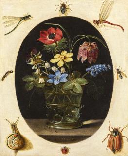 Clara Peeters - Still Life With Flowers In A Glass Vase Surrounded By Insects And A Snail