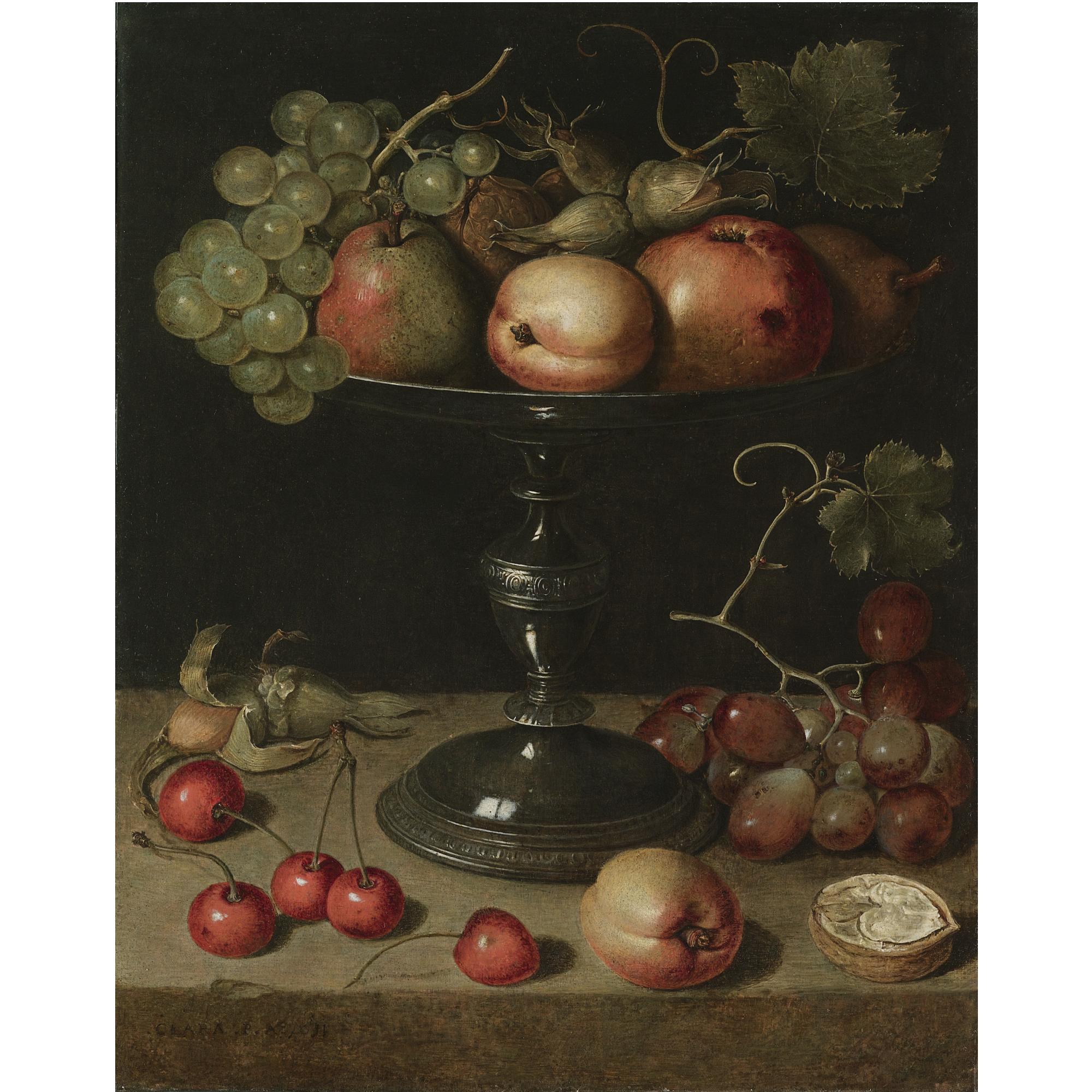 Clara Peeters - Still Life With Pears, An Apple, An Apricot, Almonds And Walnuts On A Tazza With Grapes, A Walnut, An Apricot, Cherries And Almonds On A Stone Ledge