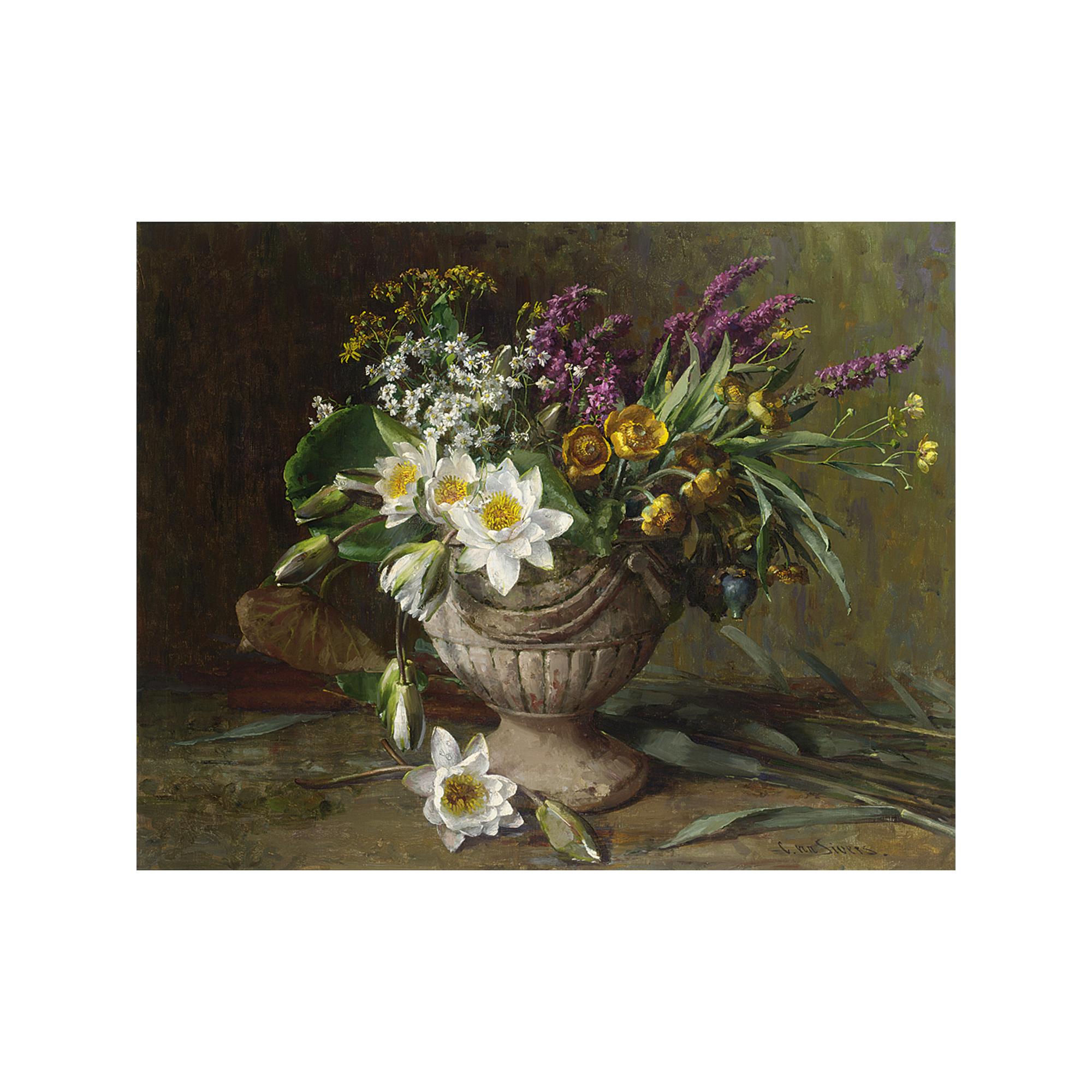 Clara von Sivers - A Flower Still Life With Lotus Flowers In A Garden Vase