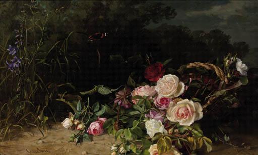 Clara von Sivers - A forest landscape with roses in a wicker basket