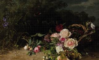 Clara von Sivers - A forest landscape with roses in a wicker basket