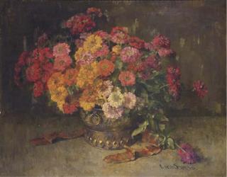 Clara Von Sivers - Colourful Zinnias In A Copper Pot