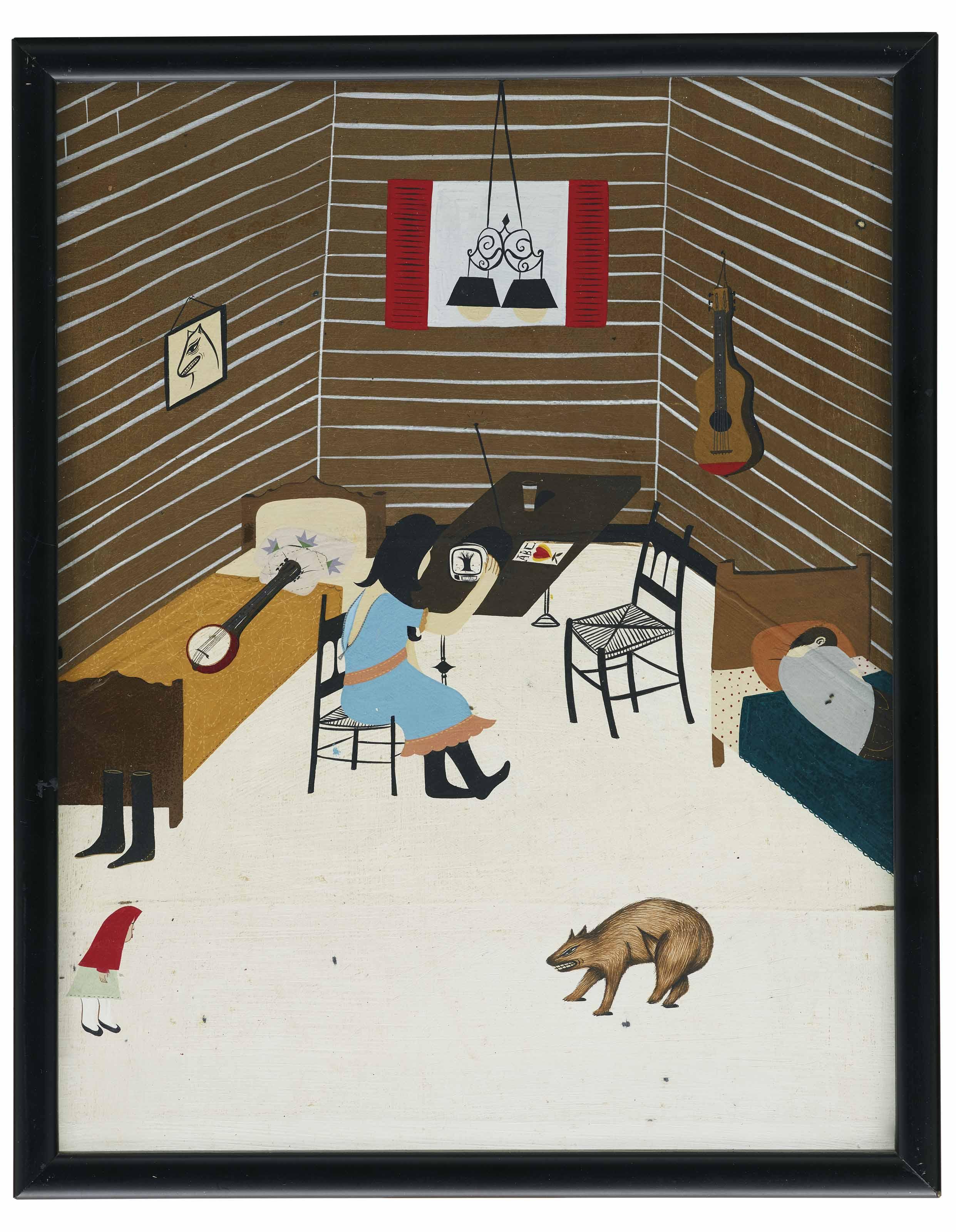 Clare E. Rojas - Untitled (Interior with Girl, Bear and Banjo)