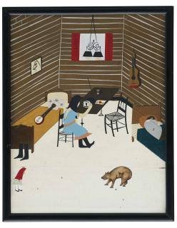 Clare E. Rojas - Untitled (Interior with Girl, Bear and Banjo)