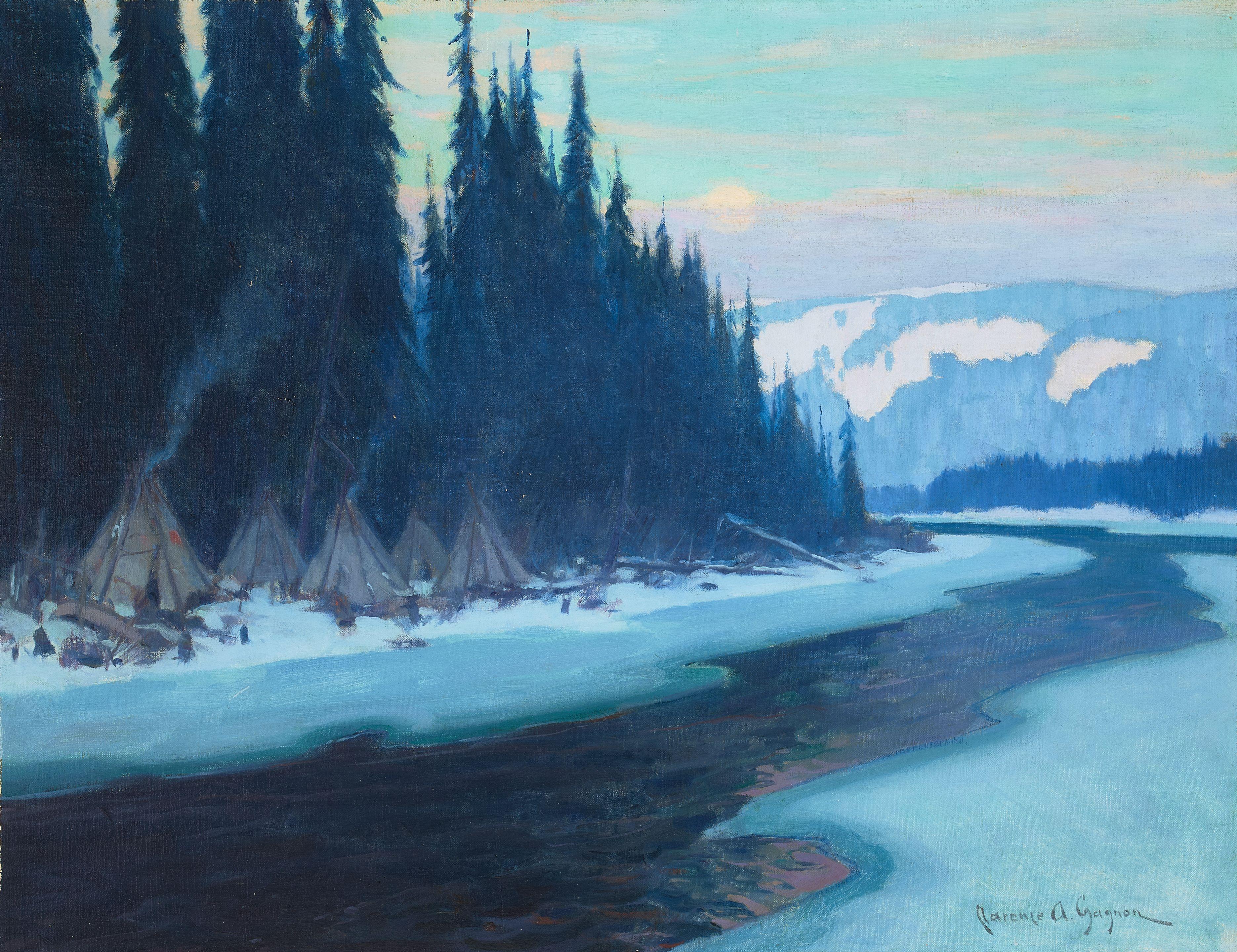 Clarence Alphonse Gagnon - Winter Camp Along a River, Quebec 19 3/4 x 25 1/2 in. framed 25 3/4 x 31 1/2 in.