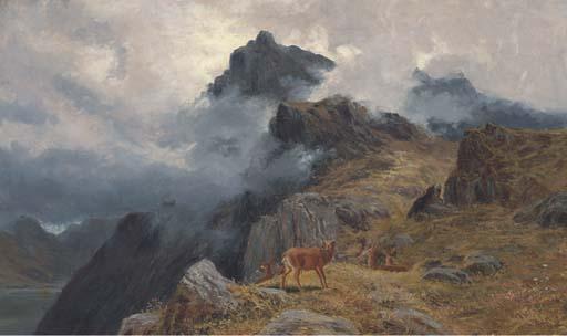 Clarence Henry Roe - A stag and hines in a Highland landscape
