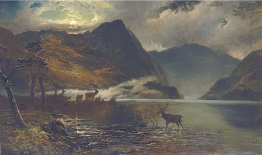 Clarence Henry Roe - Stags watering by a moonlit loch