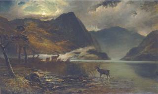 Clarence Henry Roe - Stags watering by a moonlit loch