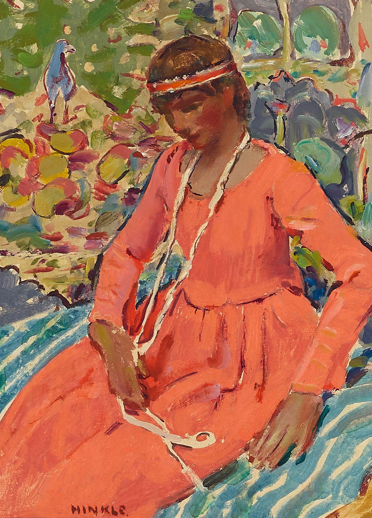 Clarence Hinkle - Girl Seated on a Blue Striped Chair