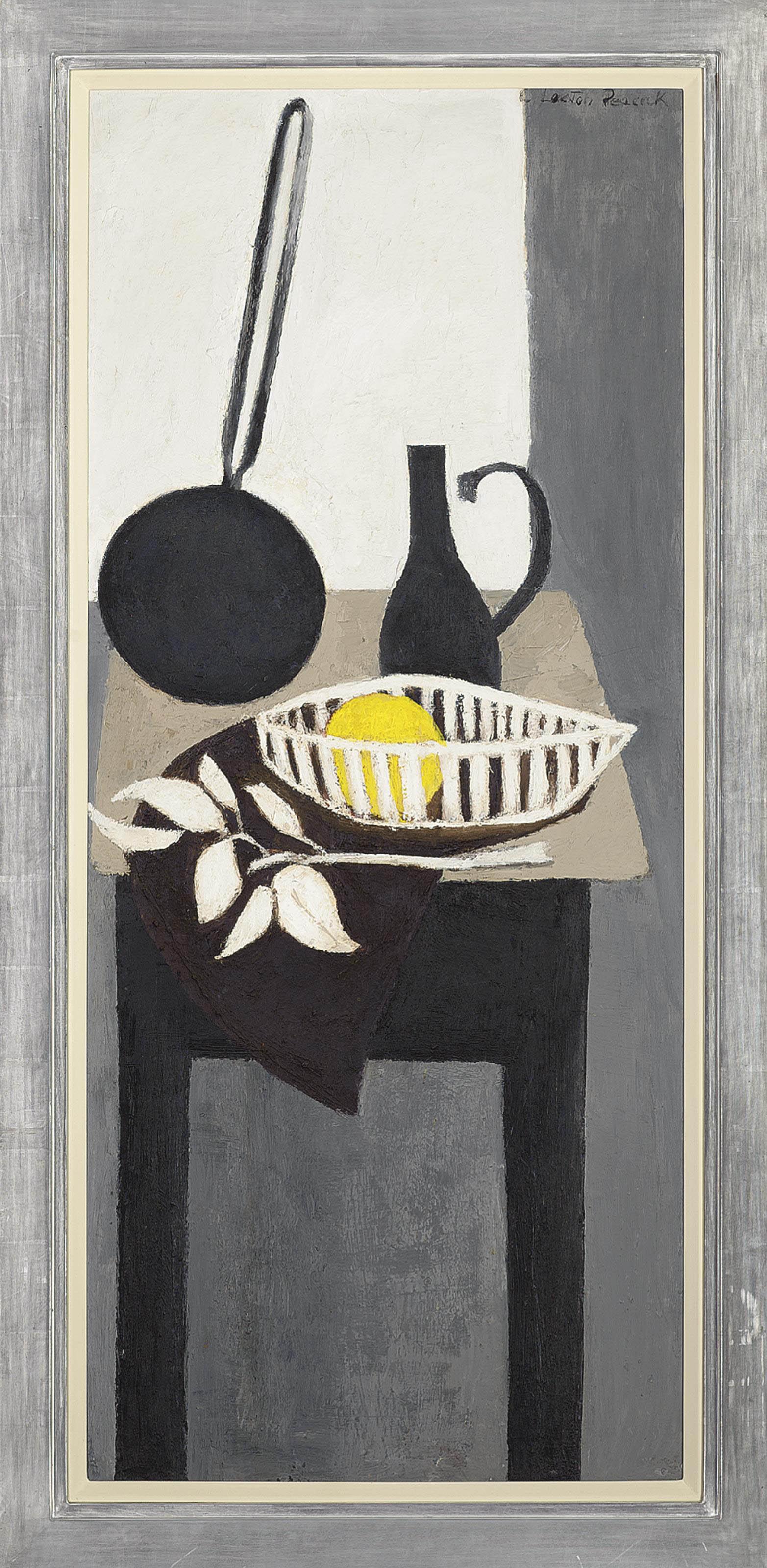 Clarisse Loxton Peacock - A long-handled frying pan, pitcher and a grapefruit in a basket, on a table