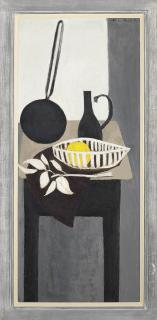 Clarisse Loxton Peacock - A long-handled frying pan, pitcher and a grapefruit in a basket, on a table
