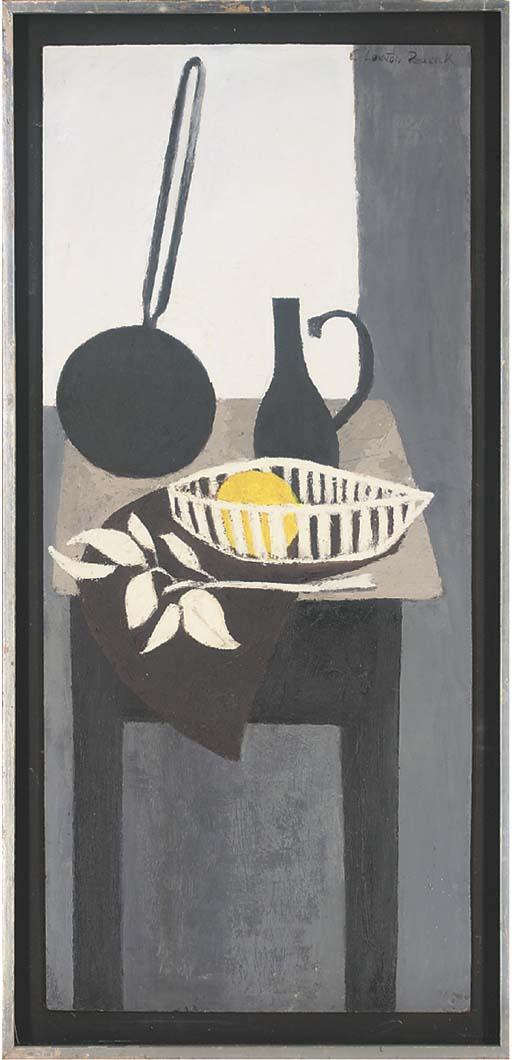 Clarisse Loxton Peacock - A long handled frying pan, pitcher and a grapefruit in a basket, on a table