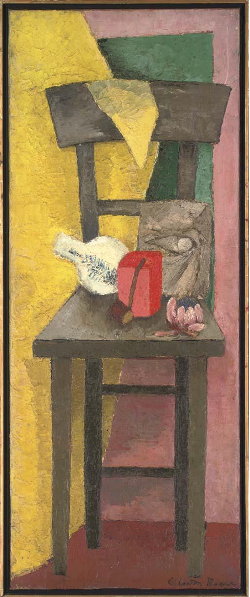 Clarisse Loxton Peacock - A pipe, vase and sketch, on a chair