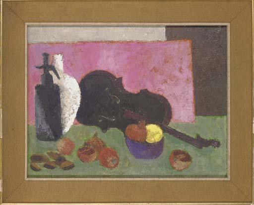 Clarisse Loxton Peacock - A violin, with onions, nuts, fruit, soda siphon and a bottle to the side