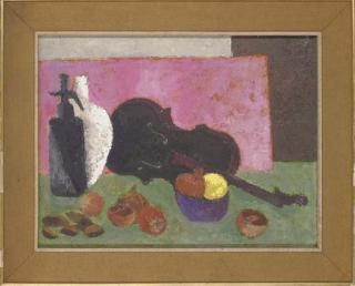 Clarisse Loxton Peacock - A violin, with onions, nuts, fruit, soda siphon and a bottle to the side