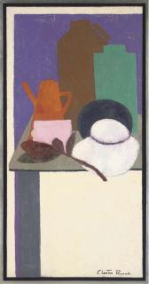 Clarisse Loxton Peacock - A white hat, coffee pot and jars, on a table