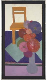 Clarisse Loxton Peacock - Bright flowers in a yellow vase, a yellow chair beyond