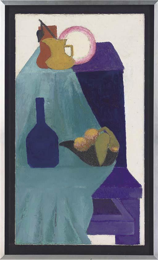 Clarisse Loxton Peacock - Jugs, a plate, bottle and fruit in a bowl, on a turquoise drape over a purple dresser
