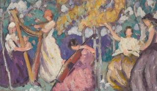 Clark Hobart - Women playing music, Portrait, Coastal landscape and Landscape with oak trees (a group of four)