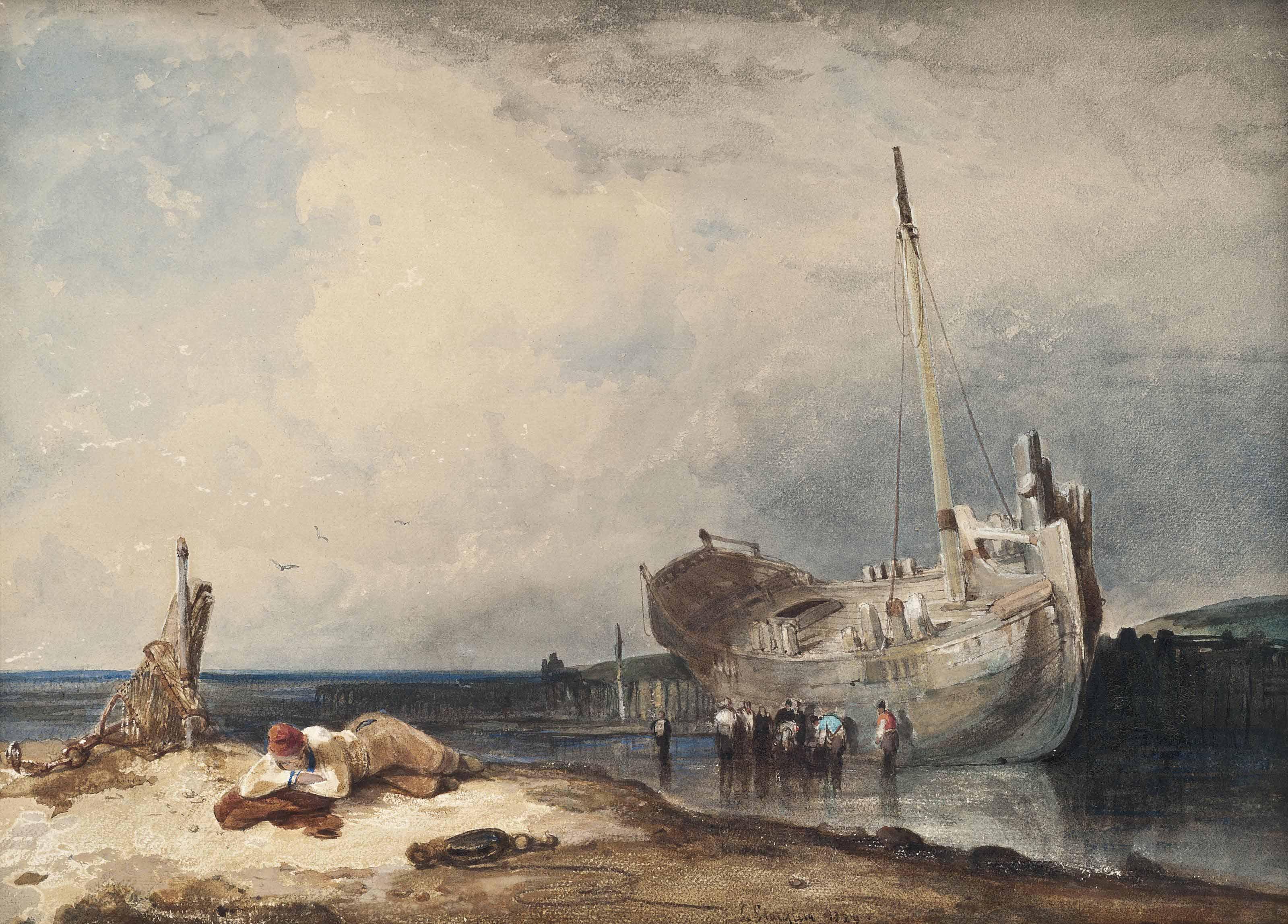 Clarkson Stanfield, R.A. - A Beached Fishing Vessel With Figures Unloading The Day\'S Catch