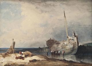 Clarkson Stanfield, R.A. - A Beached Fishing Vessel With Figures Unloading The Day\'S Catch